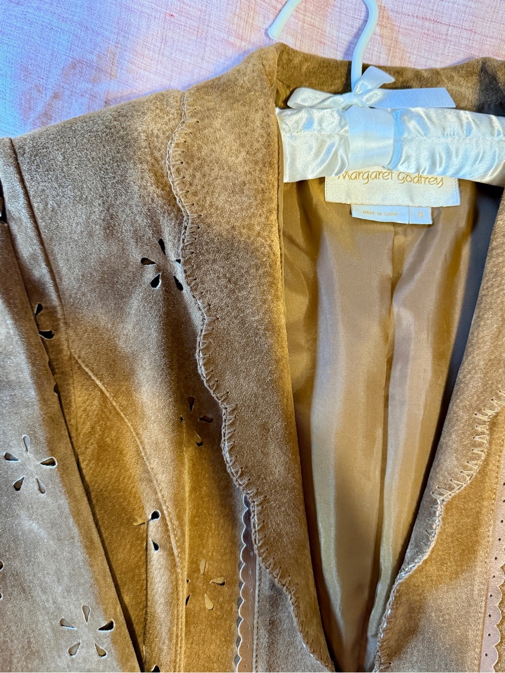 Scalloped Suede Trench Coat in Brown - Picture 3 of 8